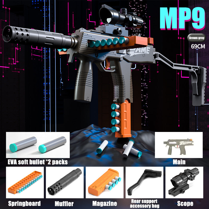 Pistola de balas suaves con perno de tracción Manual MP9, pistola de juguete para niños, metralleta de juguete 